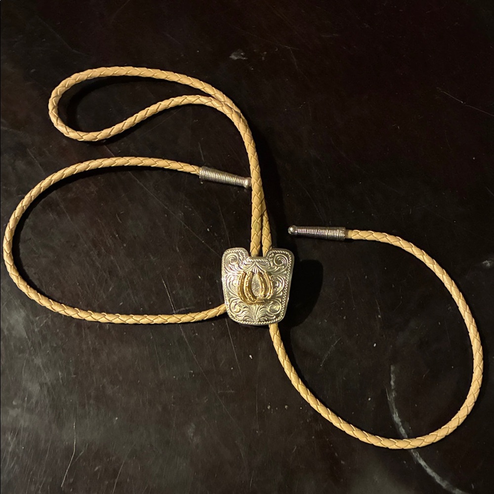 Tan Leather Bolo Tie with Silver Buckle